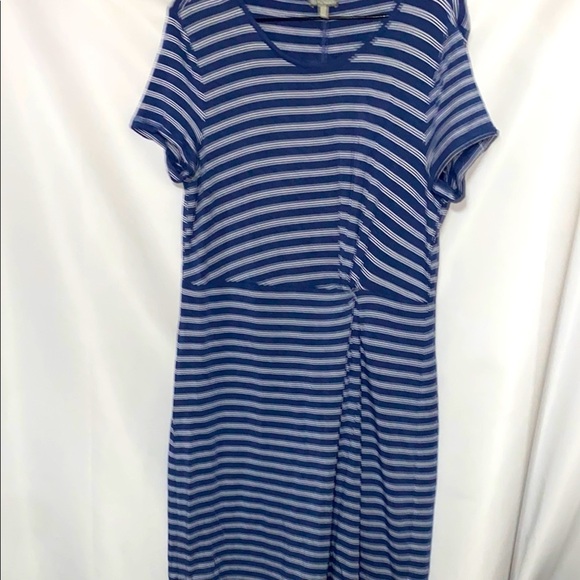 T BY Talbots SIZE LARGE Blue & White Ruched Sheath Midi DressMODEL SPANDEX SOFT - Picture 1 of 11